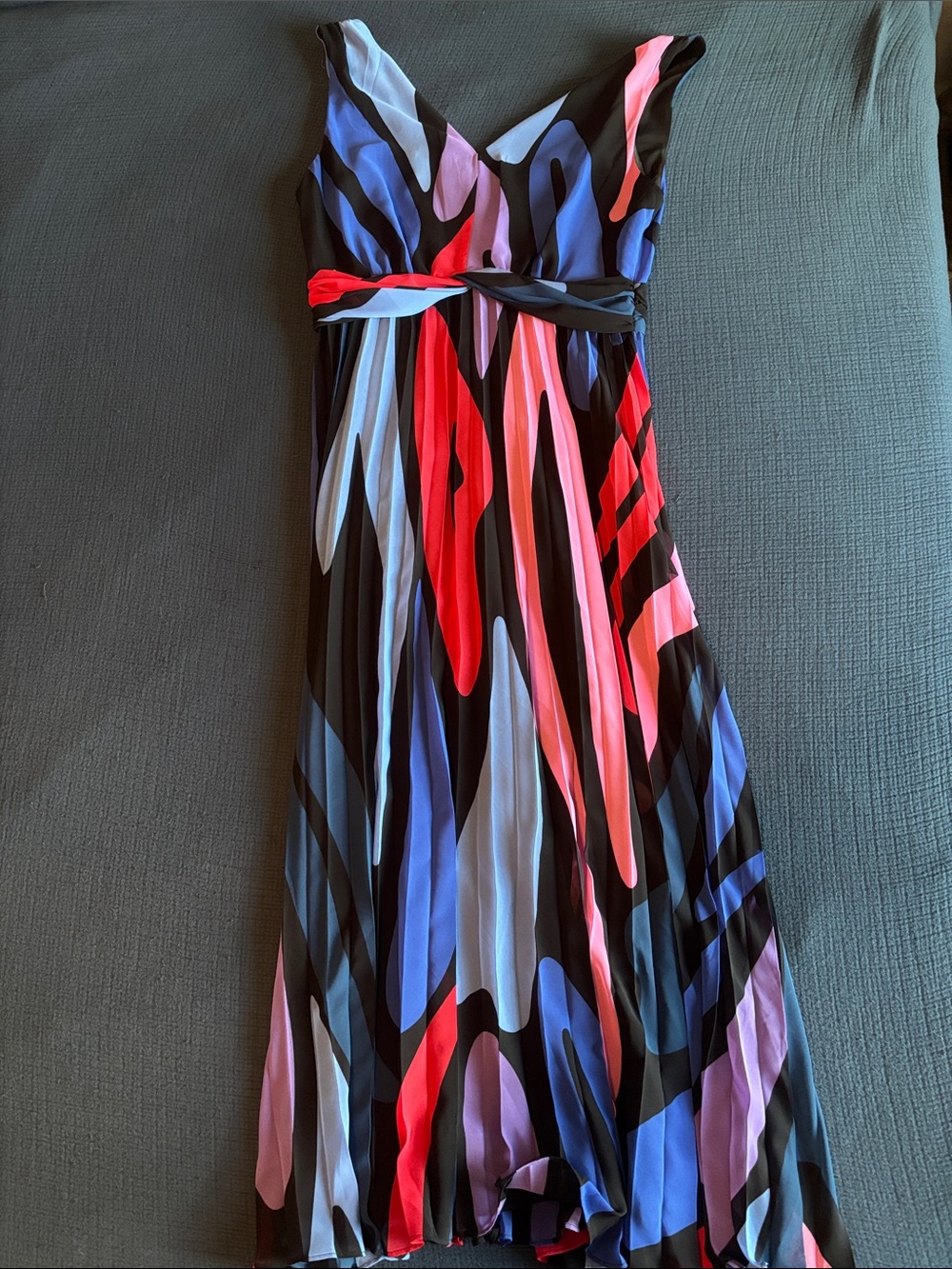 V-Neck Multicolor Abstract Print Couture Maxi Dress - Black, Red & Blue